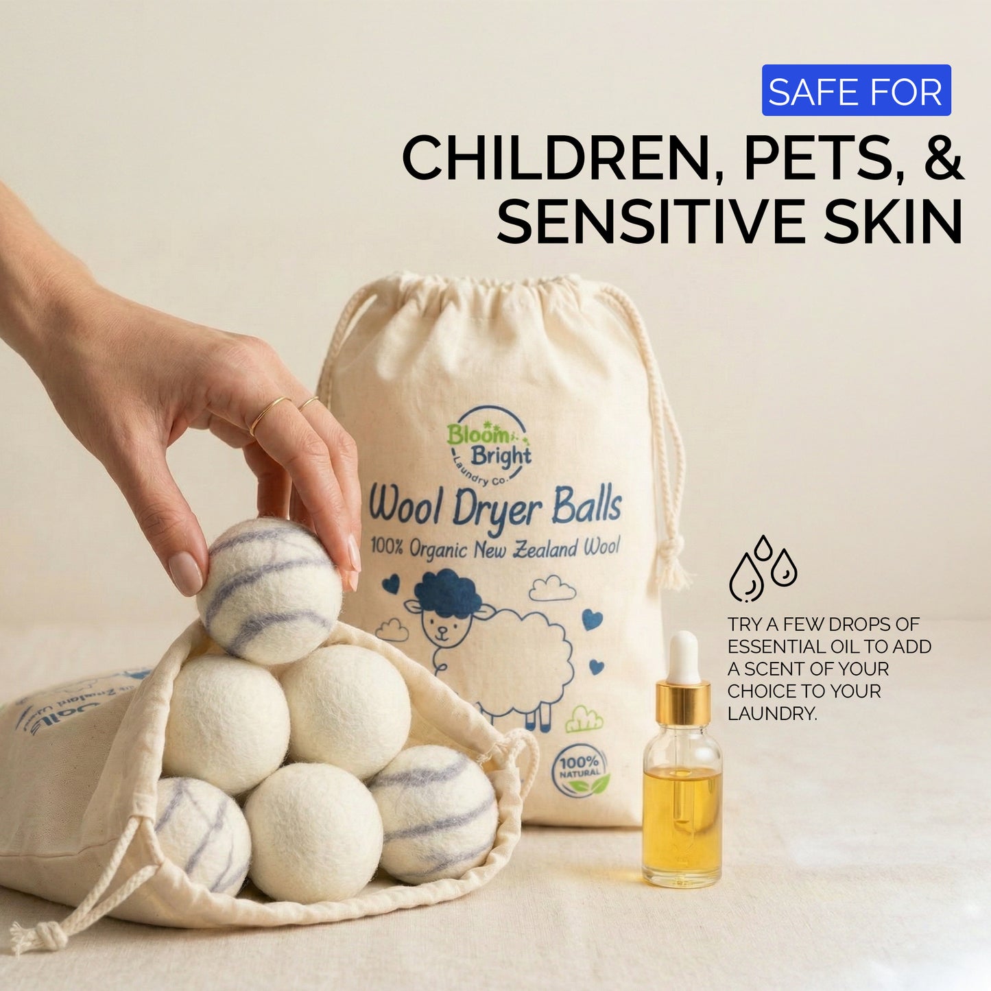 Organic Wool Dryer Balls Set of 6 XL | 100% New Zealand Wool | Reusable Natural Fabric Softener & Anti-Static Laundry Balls