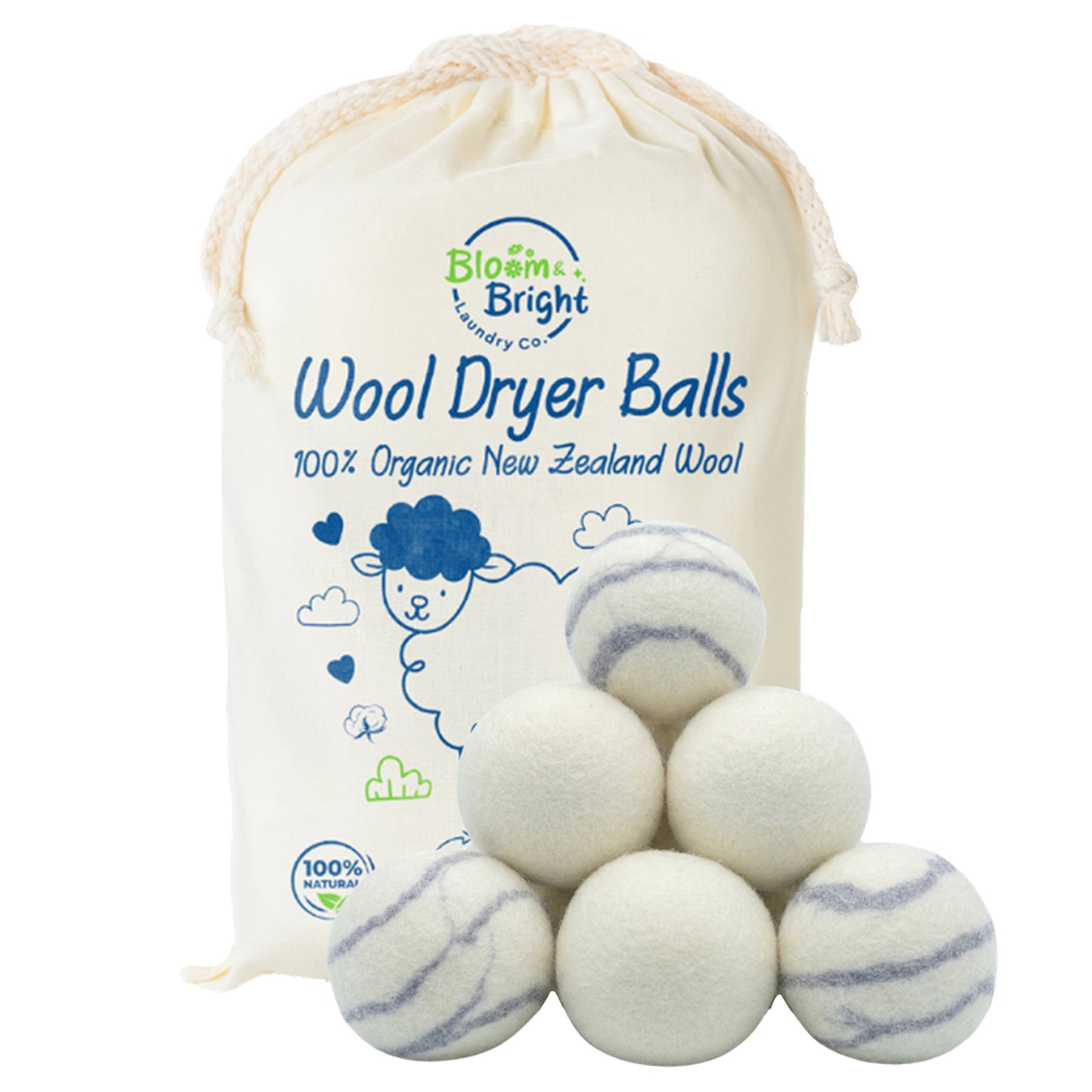 Organic Wool Dryer Balls Set of 6 XL | 100% New Zealand Wool | Reusable Natural Fabric Softener & Anti-Static Laundry Balls